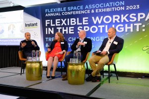 FlexSA 2023 Conference, panel of Jonny Rosenblatt from Spacemade, Zoe Ellis-Moore from Spaces to Places, Justin Harley from Yardi and Chris Boultwood from Workspace